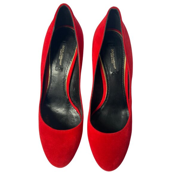 Dolce & Gabbana Red Suede Platform Heels 37.5 COA - Picture 3 of 9